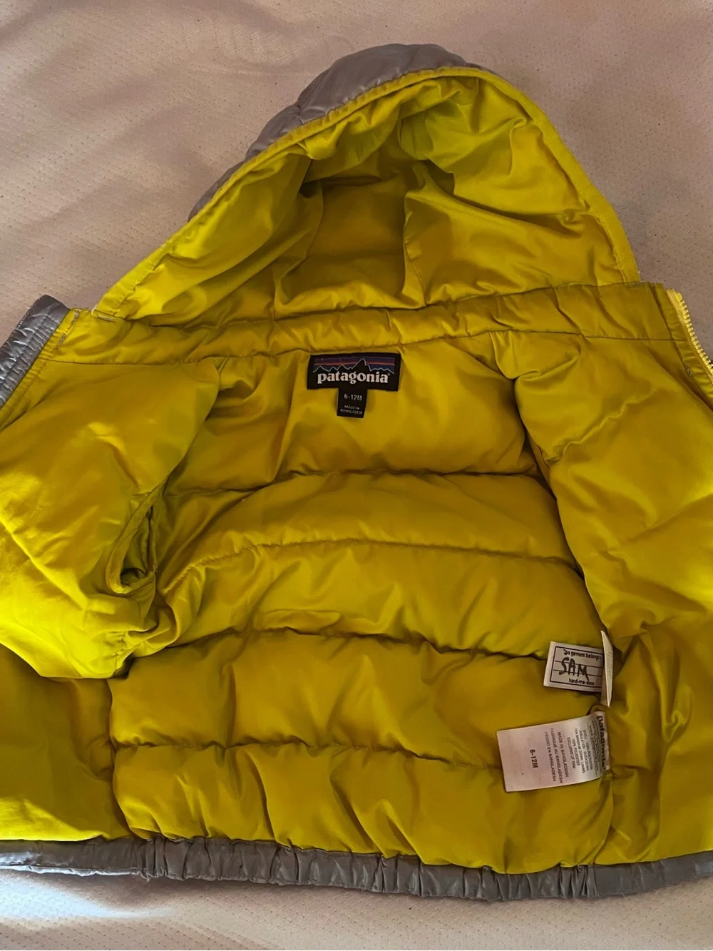 Patagonia Kids Gray Puffer Jacket with Yellow Accents (6-12 mo size)